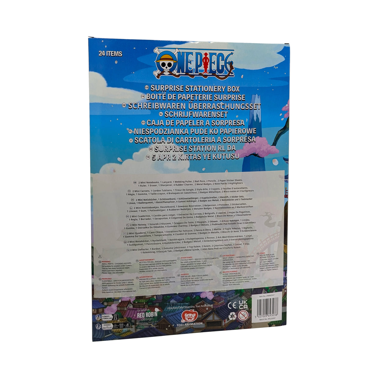 Rückseite einer One Piece Schreibwaren Überraschungsbox mit Produktinformationen und Warnhinweisen