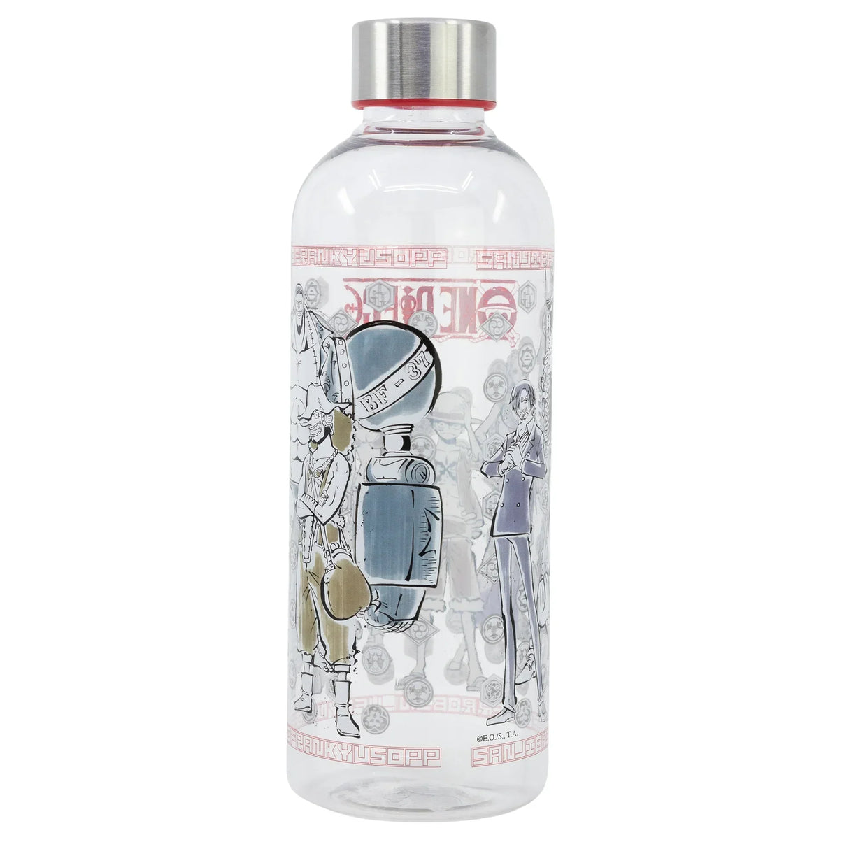 Transparente Trinkflasche mit One Piece Charakteren und silbernem Schraubverschluss