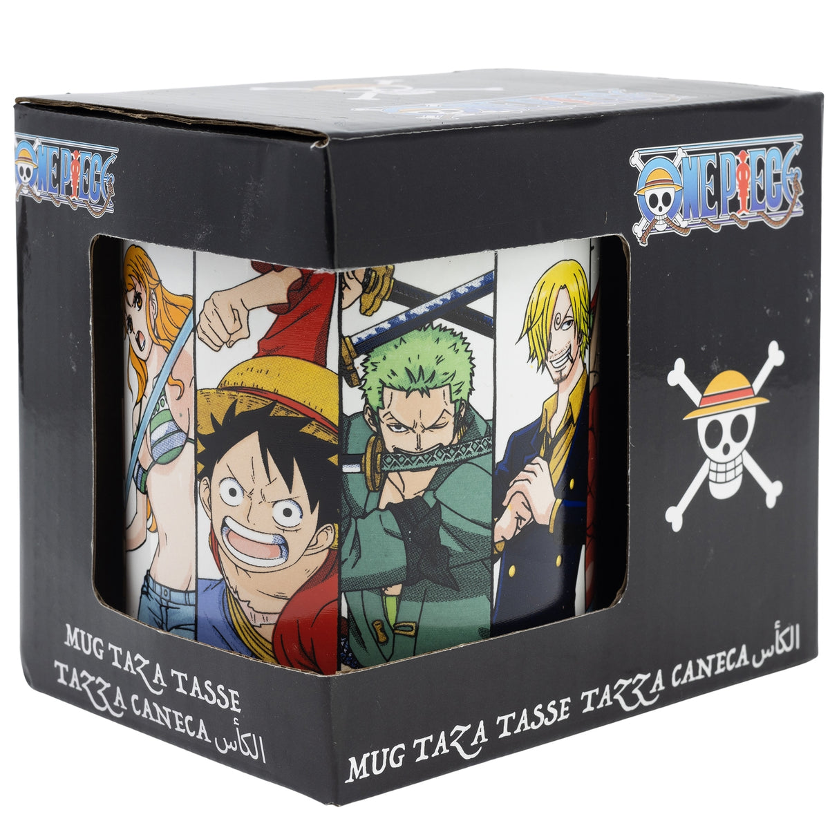 One Piece Tasse mit Charakteren in schwarzer Verpackung