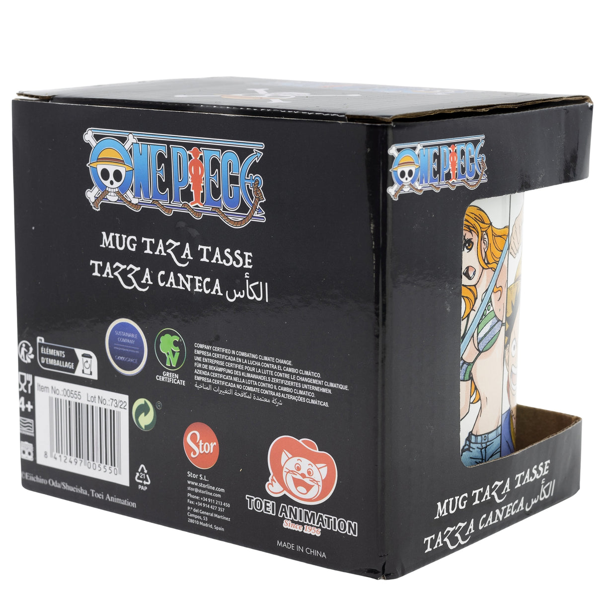 Schwarze Verpackungsschachtel für eine One Piece Tasse mit Produktinformationen und Anime Motiven