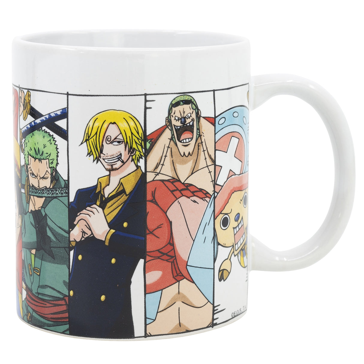 Weisse Tasse mit One Piece Charakteren wie Zoro Sanji Franky und Chopper
