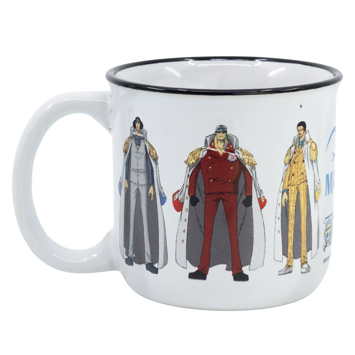 Weiße Tasse mit One Piece Marine Admirälen als Motiv
