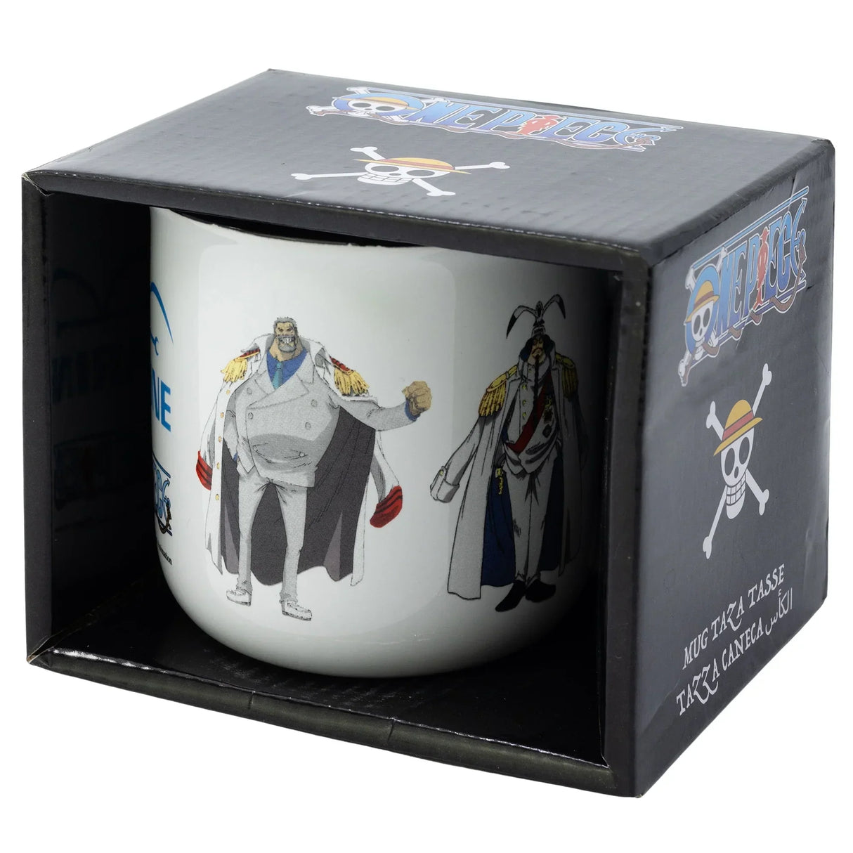 Weisse One Piece Tasse mit Marine Charakteren in schwarzer Geschenkverpackung