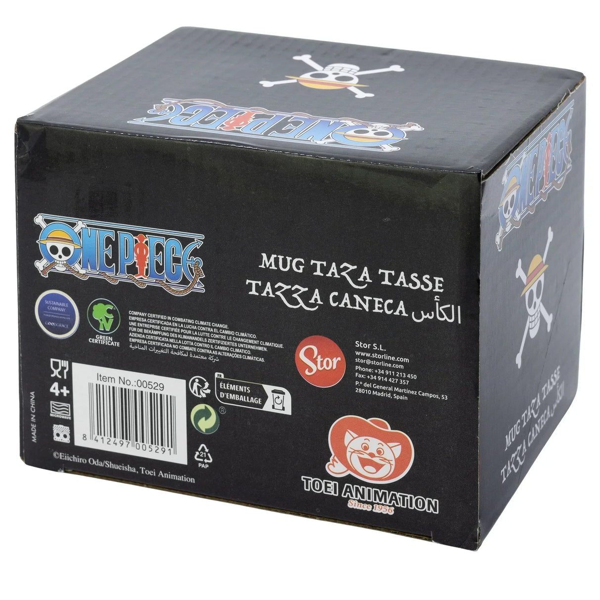 Schwarze Produktverpackung einer One Piece Tasse mit Logo und Herstellerinformationen