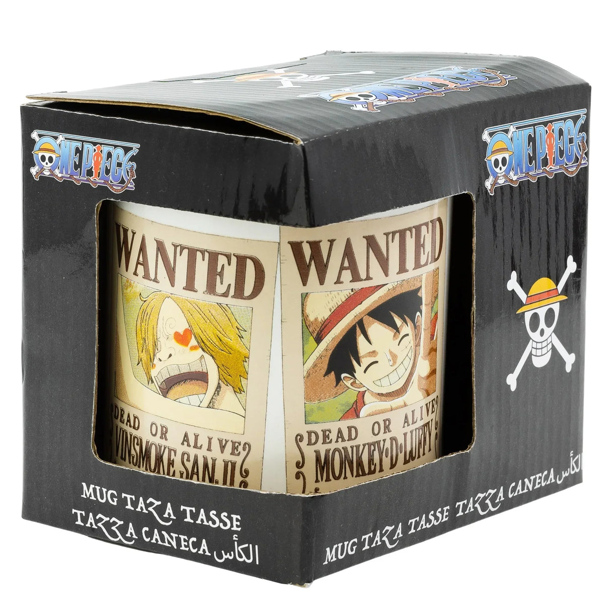 One Piece Tasse mit Wanted Plakaten von Sanji und Ruffy in der Verpackung