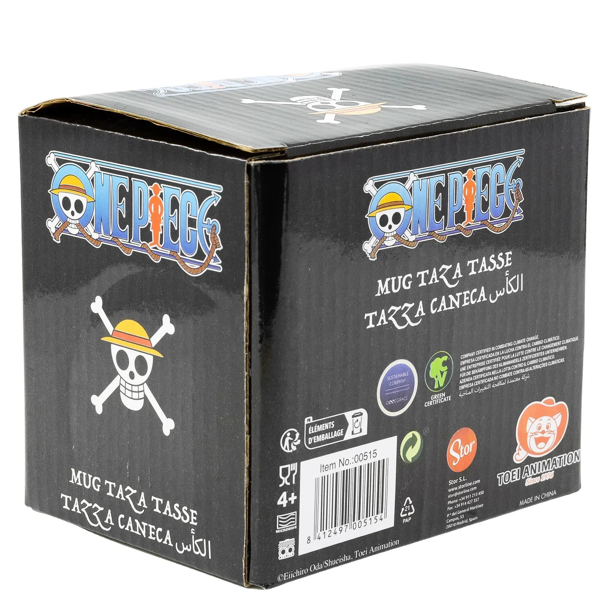 Verpackungskarton einer One Piece Tasse mit Totenkopf Logo und Produktinformationen