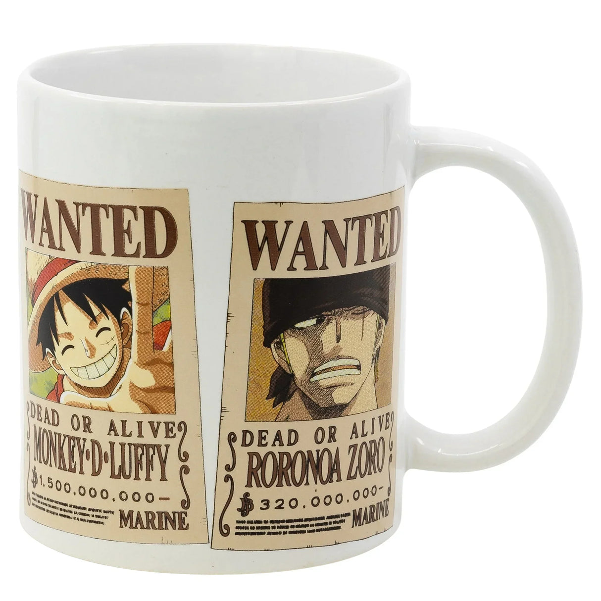 Weisse Keramiktasse mit One Piece Wanted Plakaten von Monkey D Luffy und Roronoa Zoro