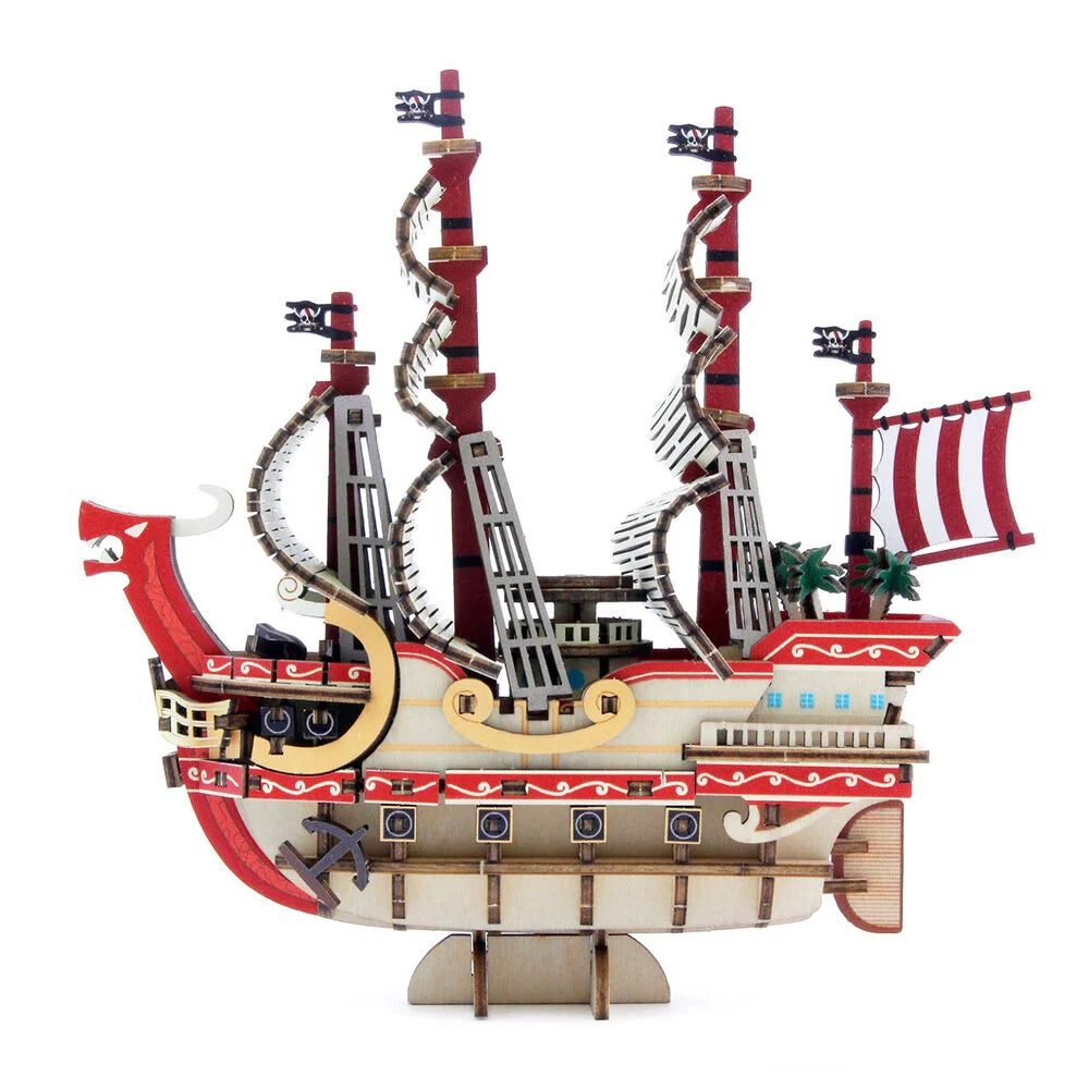 Modell eines roten und weißen Piratenschiffs mit Segeln und Anker