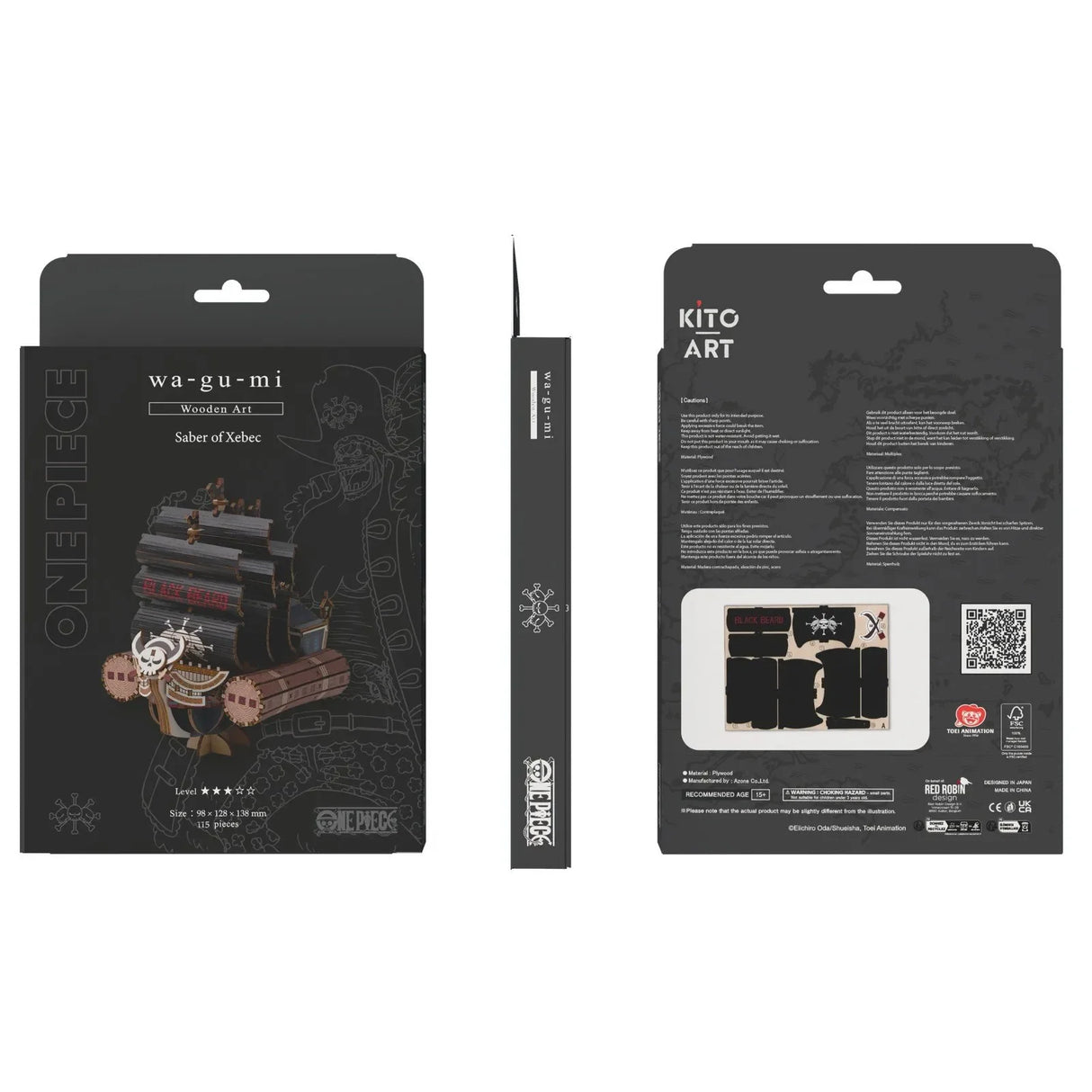 Drei Ansichten der Verpackung für ein One Piece Holzmodell des Säbels von Xebec