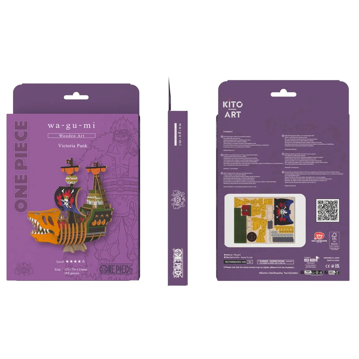 Verpackung eines One Piece Holzmodellbausatzes Victoria Punk mit Produktabbildung und technischen Details