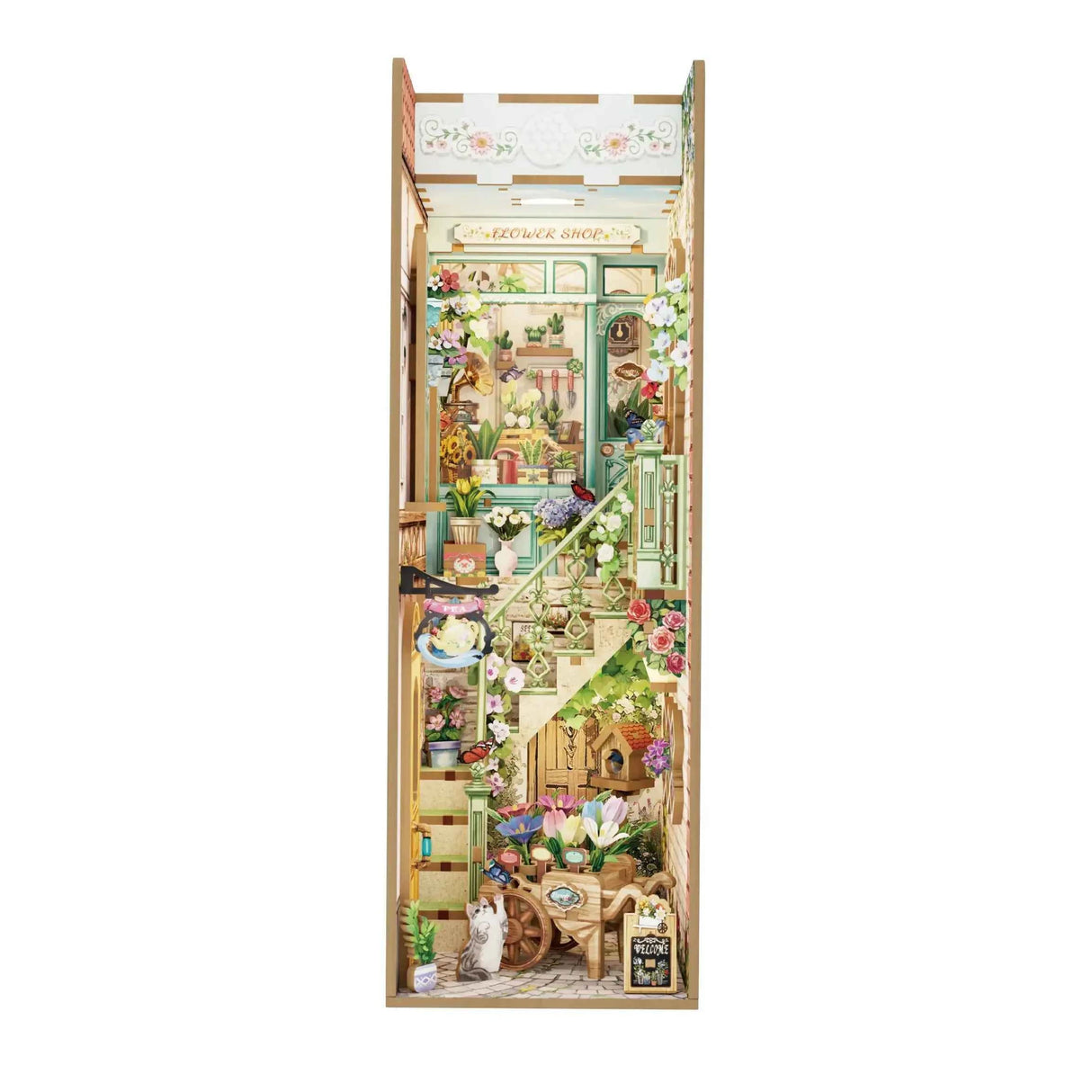 Miniatur-Blumenladen mit Treppe, Pflanzen, Blumen und einer Katze