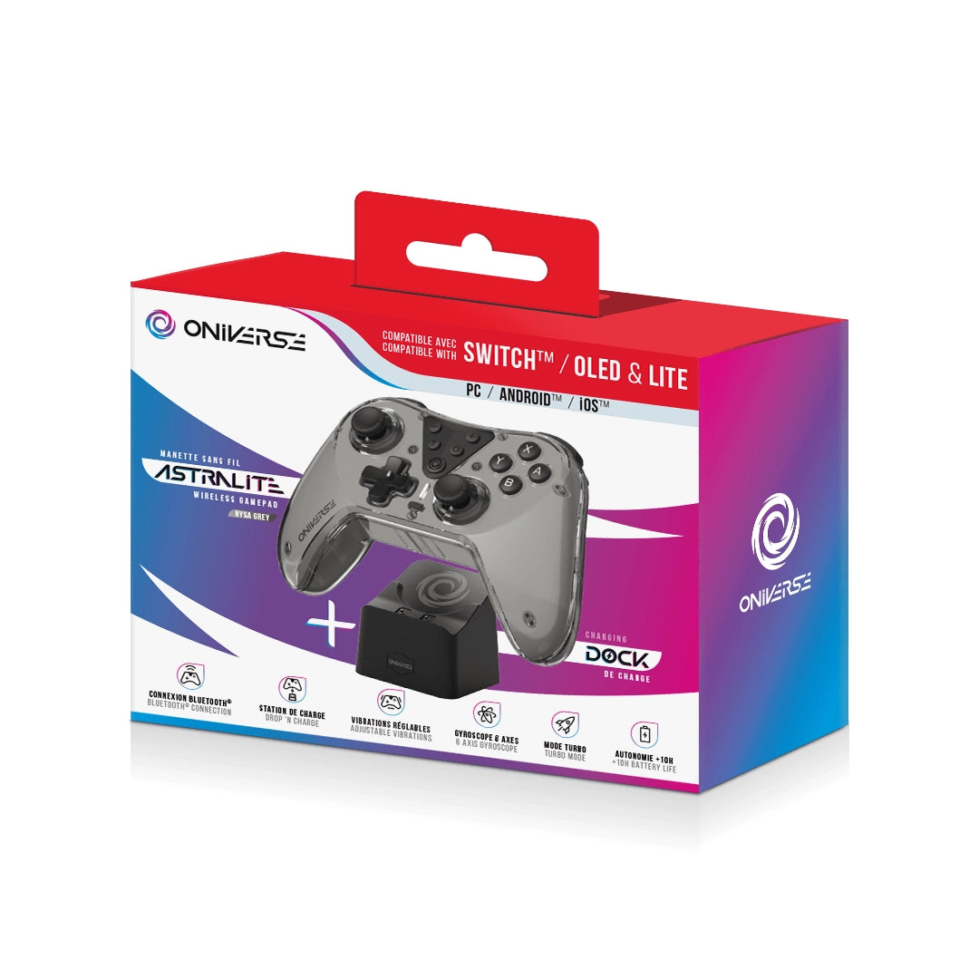 Kabelloser Oniverse Astralite Controller mit Ladestation in der Produktverpackung