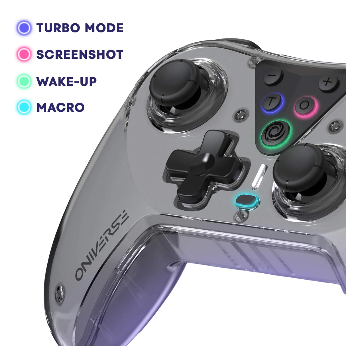 Transparenter Gaming Controller mit farbig markierten Tastenfunktionen für Turbo Screenshot Wake-up und Makro