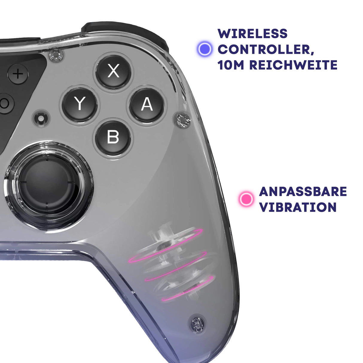 Transparenter Wireless Controller mit Tastenbeschriftung und Hinweisen zu Reichweite und Vibrationsfunktion
