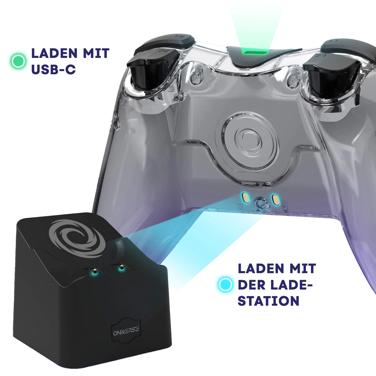 Transparenter Gaming Controller mit USB-C Anschluss und zugehöriger Ladestation