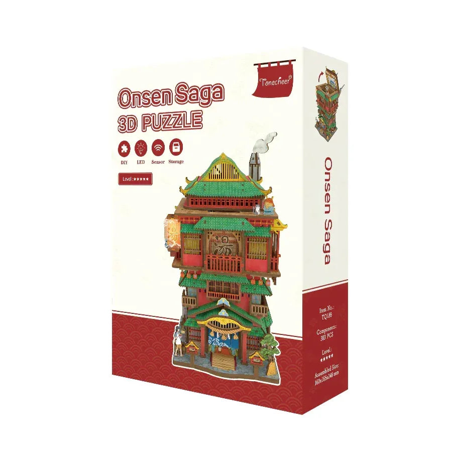Verpackung des Onsen Saga 3D-Puzzles mit einem Modell eines traditionellen japanischen Gebäudes