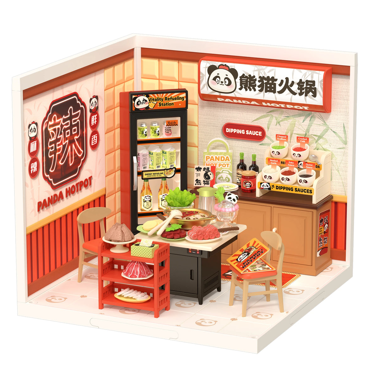 Miniatur-Hotpot-Restaurant-Set mit Panda-Motiven und verschiedenen Zutaten