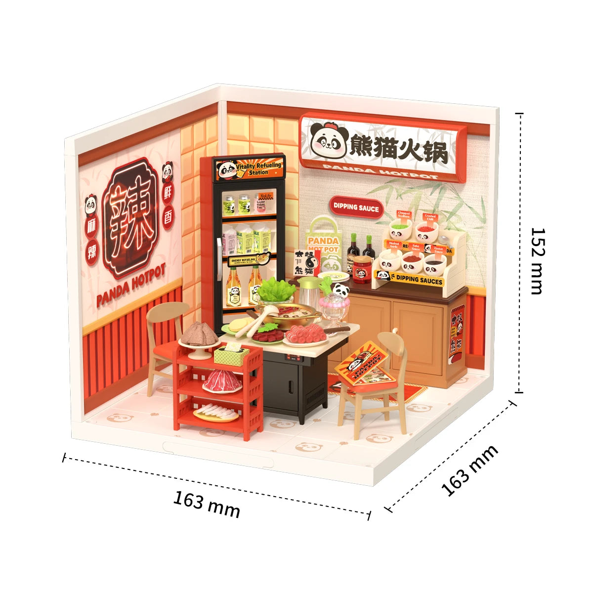 Miniatur-Hotpot-Restaurant-Diorama mit Panda-Motiven, Tischen, Stühlen, Lebensmitteln und Getränken