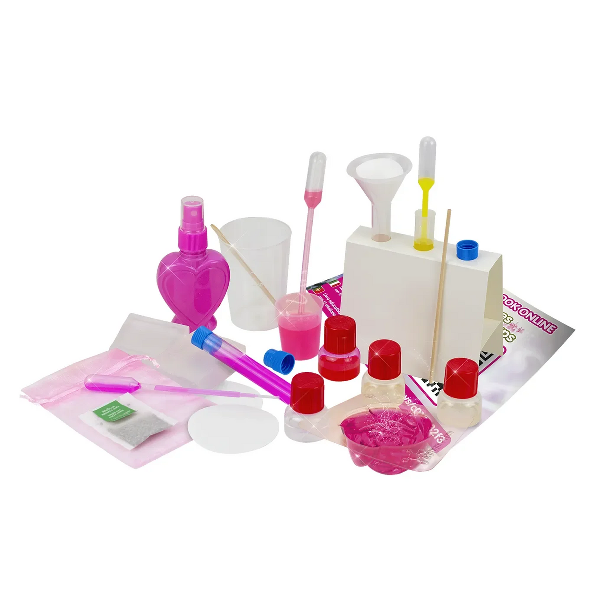 Wissenschaftliches Experimentier-Set mit rosa und gelben Flüssigkeiten, Flaschen, Bechern und Pipetten