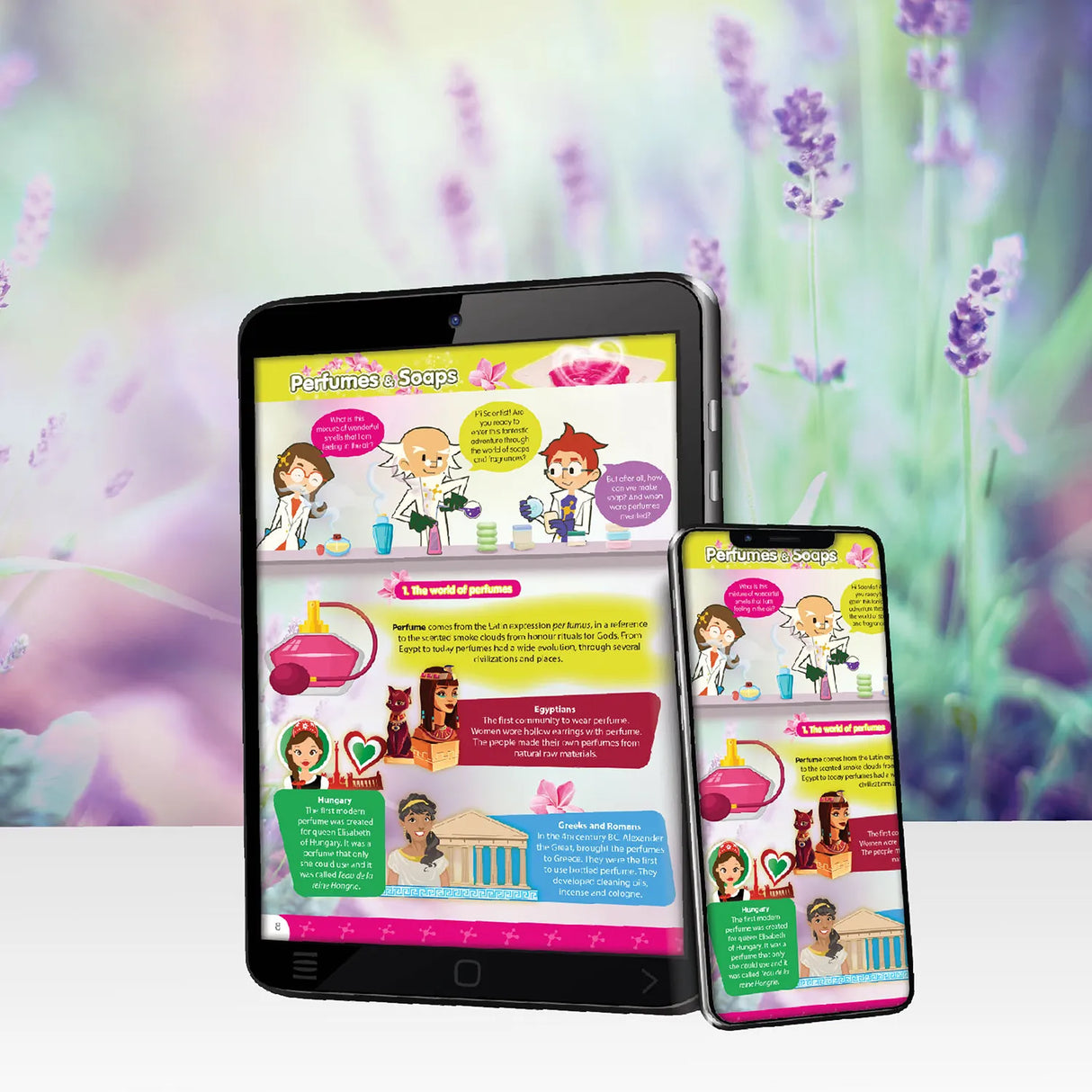 Tablet und Smartphone zeigen eine Seite über Parfums und Seifen vor einem Lavendelfeld