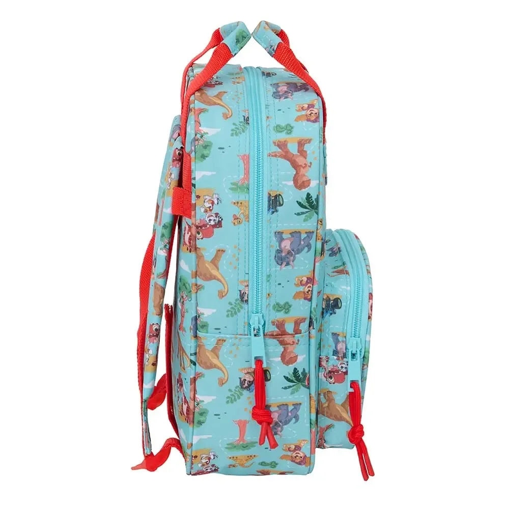 Hellblauer Rucksack mit Dschungel-Tiermuster und roten Reißverschlüssen