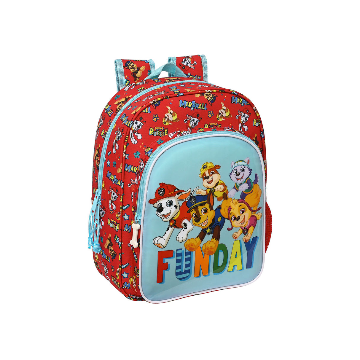 Roter Paw Patrol Rucksack mit Motiv der Hundefiguren und Schriftzug Funday