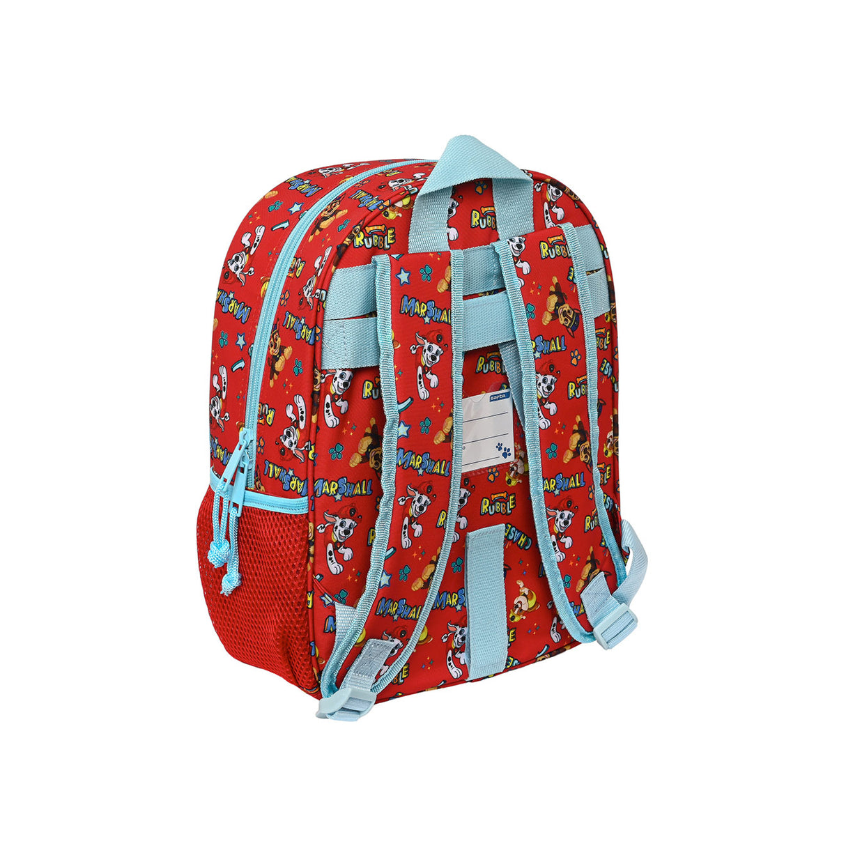 Roter Paw Patrol Rucksack mit hellblauen Trägern und Namensschild auf der Rückseite