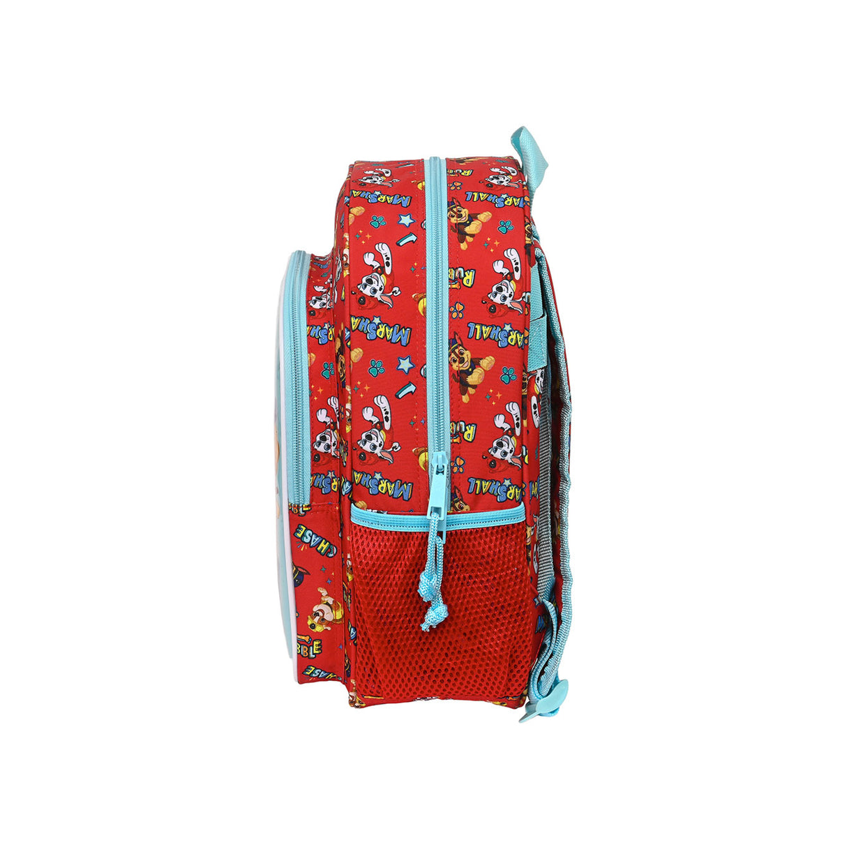 Roter Paw Patrol Rucksack mit hellblauen Reißverschlüssen und seitlicher Netztasche