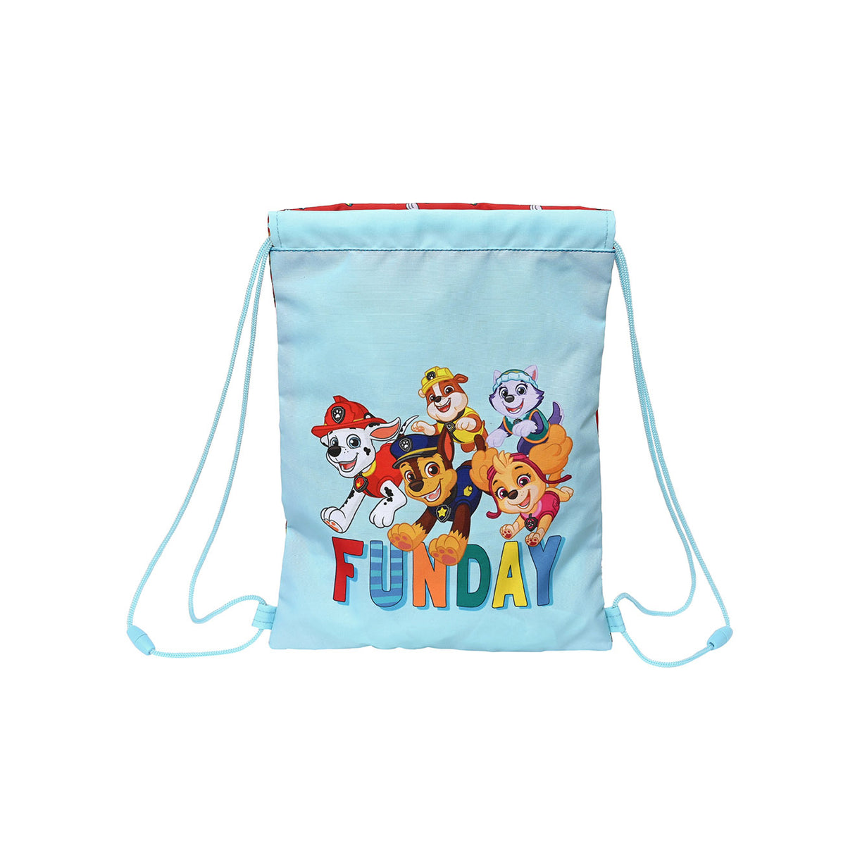 Hellblauer Turnbeutel mit Paw Patrol Motiv und buntem Schriftzug Funday