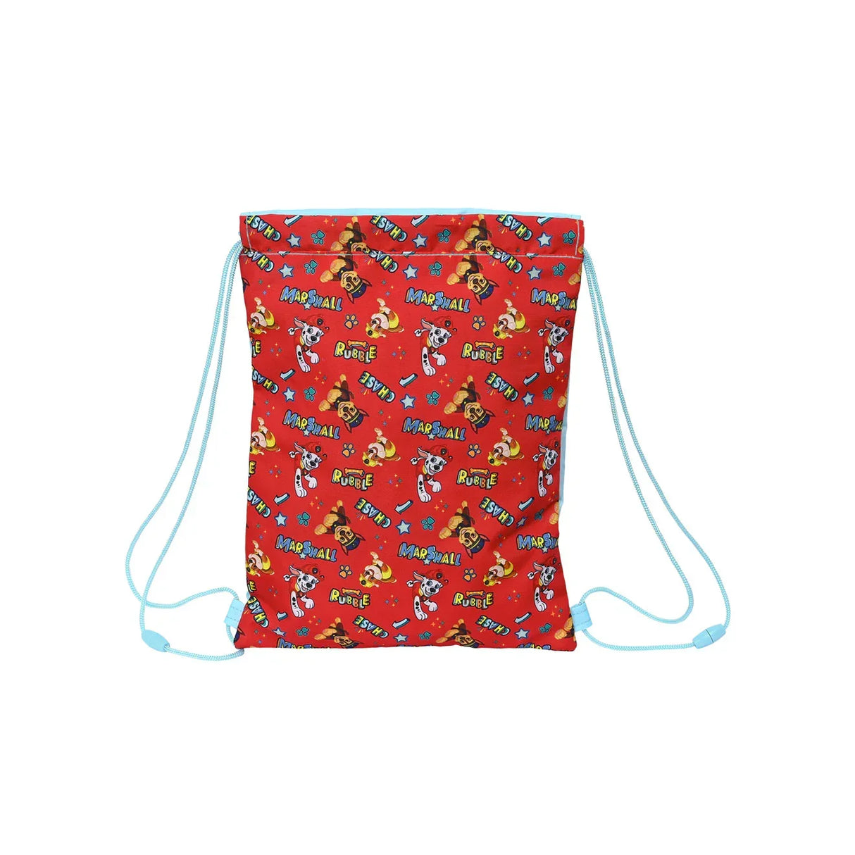 Roter Turnbeutel mit Paw Patrol Motiv und hellblauen Kordeln