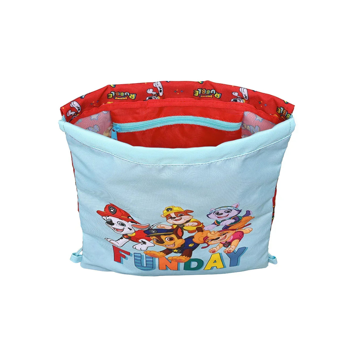 Hellblauer Turnbeutel mit Paw Patrol Motiv und rotem Innenfutter