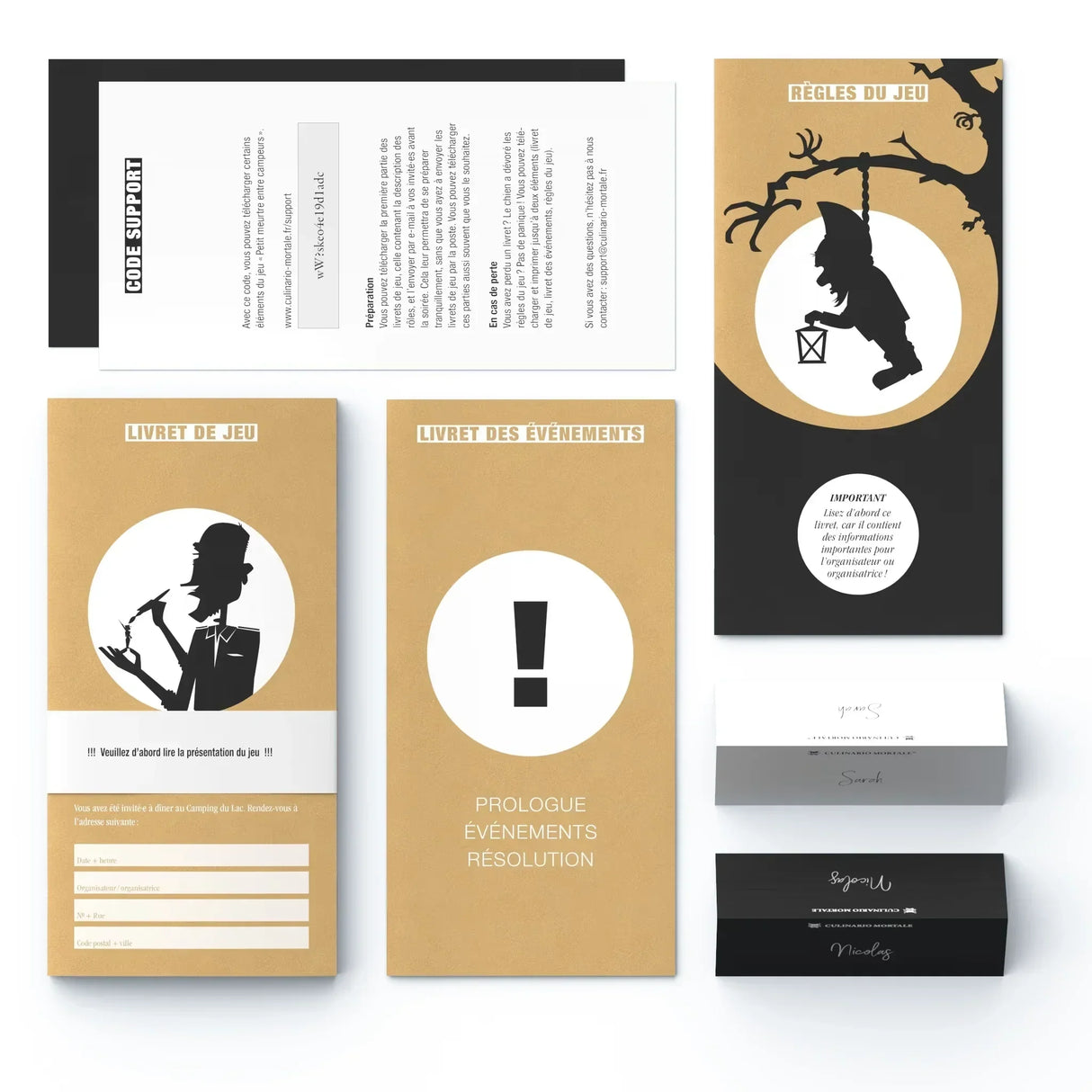 Eine Sammlung von Spielmaterialien für ein Krimidinner-Spiel, darunter Anleitungen, Charakterhefte und Einladungen
