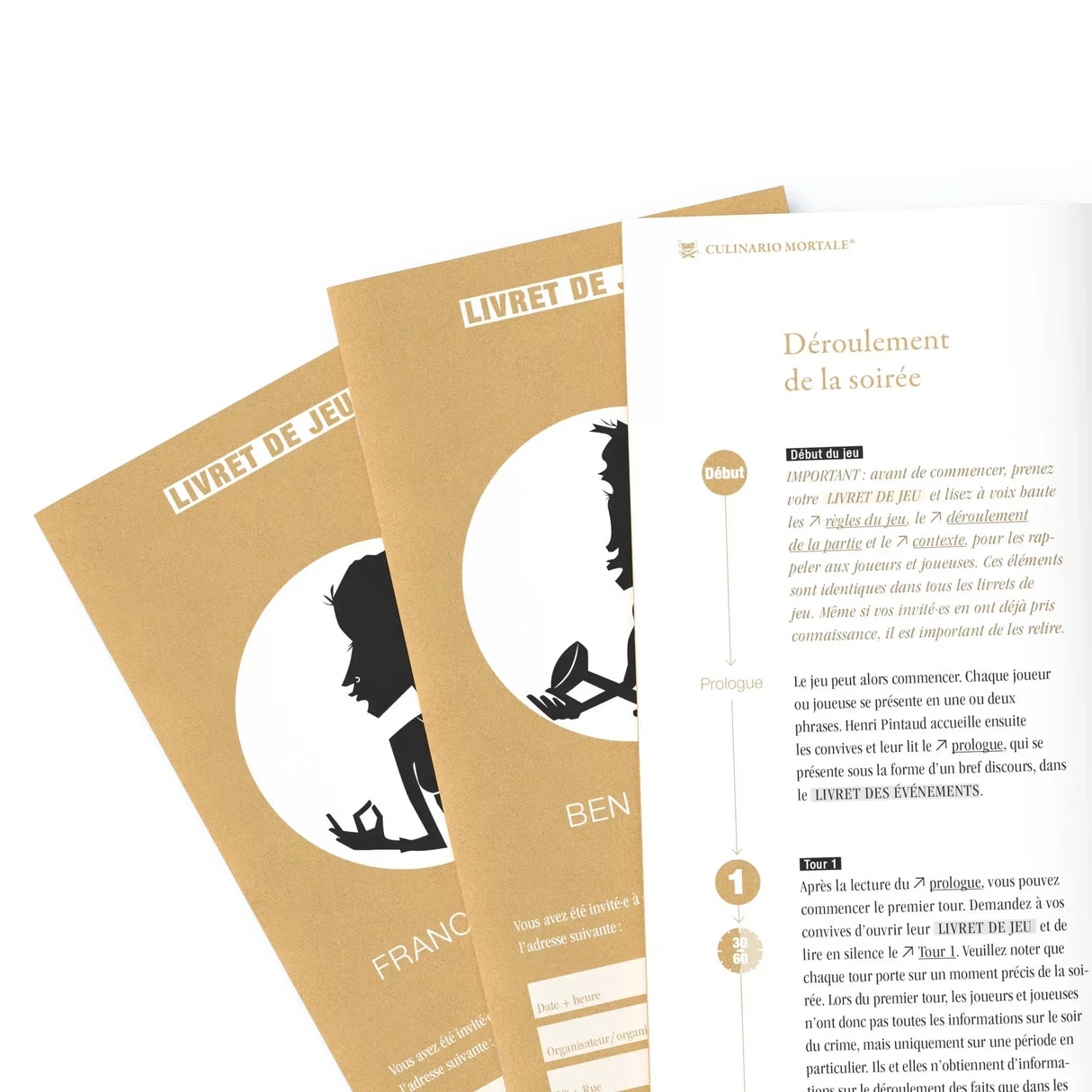 Nahaufnahme von drei braunen Spielheften mit schwarzen Silhouetten und französischem Text