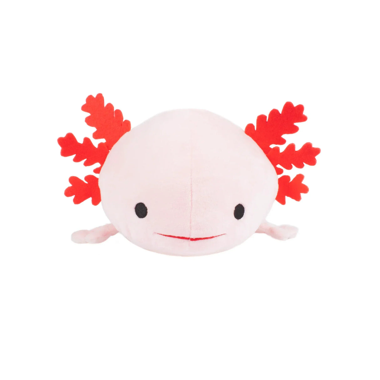 Rosa Axolotl Plüschtier mit roten Kiemen und schwarzen Augen auf weißem Hintergrund