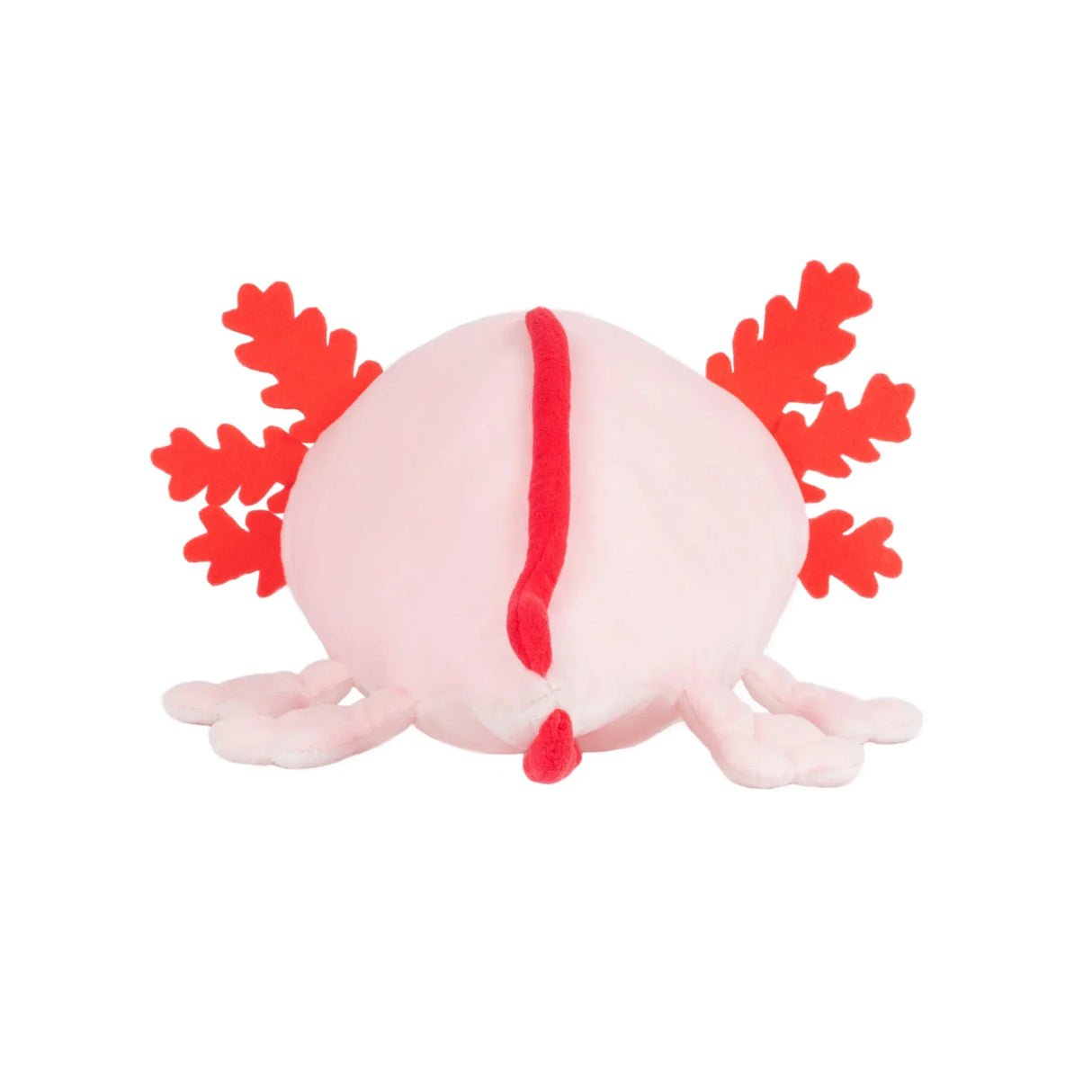 Rückansicht eines rosa Axolotl-Plüschtiers mit roten Kiemen und Schwanz