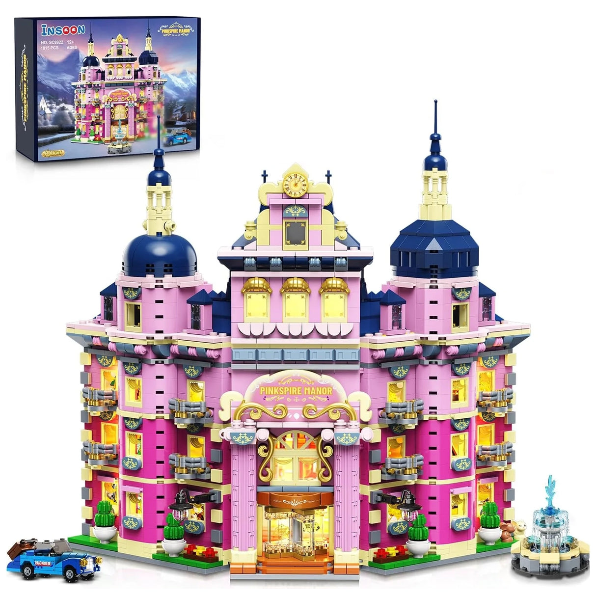 Pinkspire Manor Bausteine-Set mit blauen Dächern und Lichtern