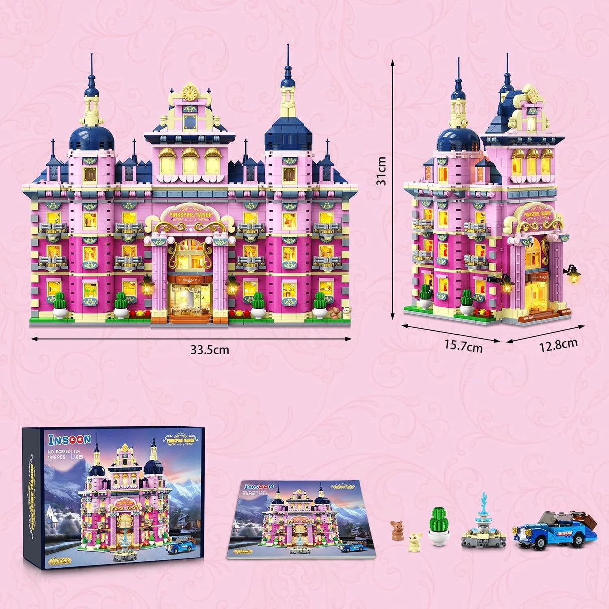 Ein rosafarbenes Schloss-Bauset mit blauen Dächern und goldenen Akzenten, daneben die Verpackung und kleine Zubehörteile