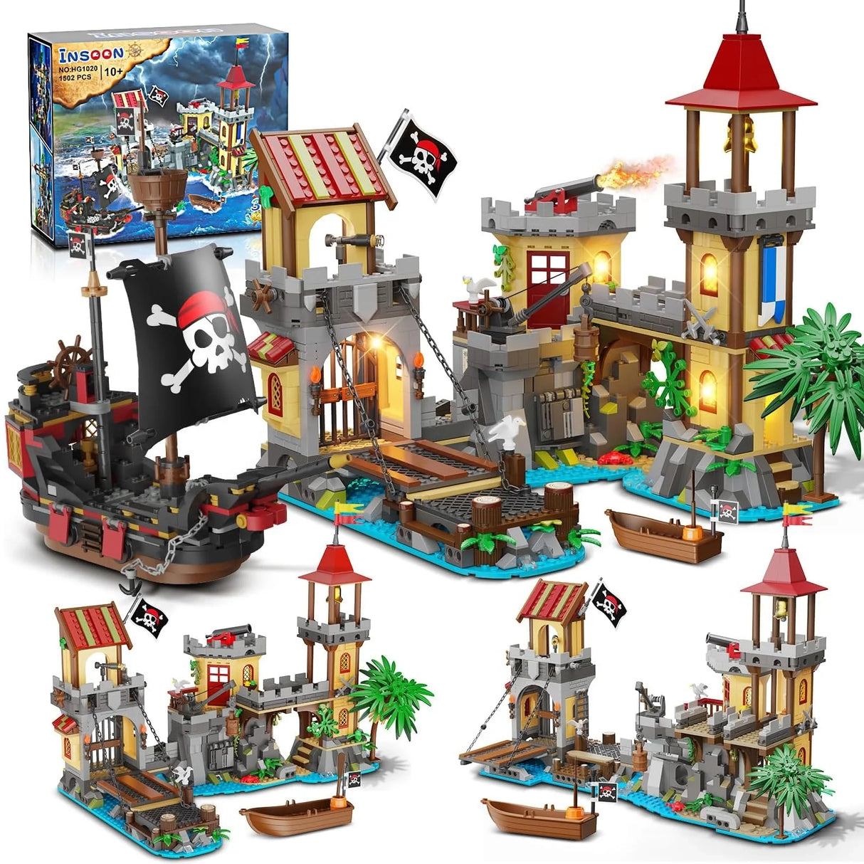 Piratenfestung Bausatz mit Schiff, Kanone, Leuchtturm und zwei kleinen Booten