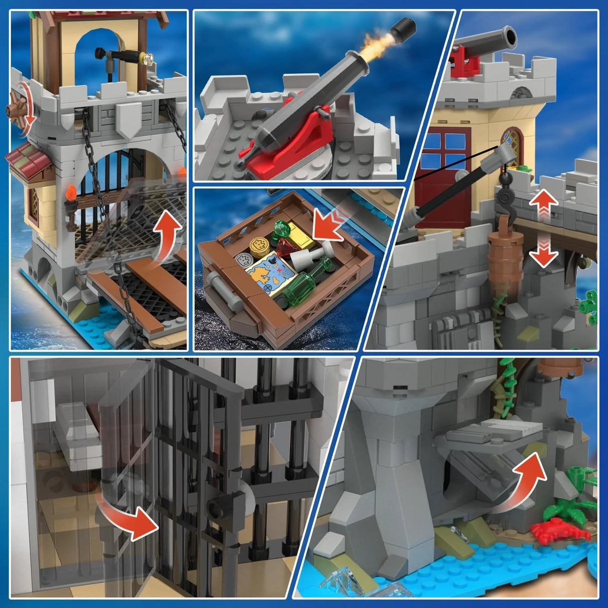Eine Collage von sechs Bildern, die verschiedene Funktionen eines Spielzeugschlosses zeigen