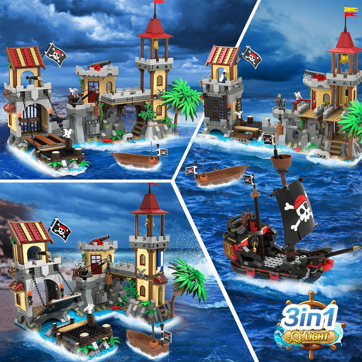 Piratenfestung mit Schiff und Booten auf dem Wasser