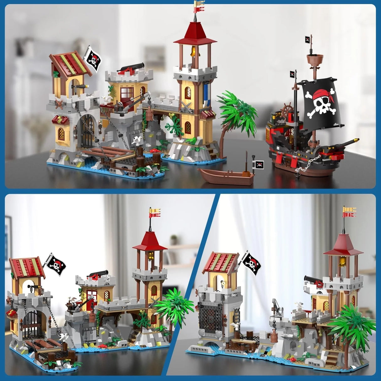 Zwei Ansichten eines Piratenfestungs-Bausatzes mit Schiff, Turm und Zugbrücke
