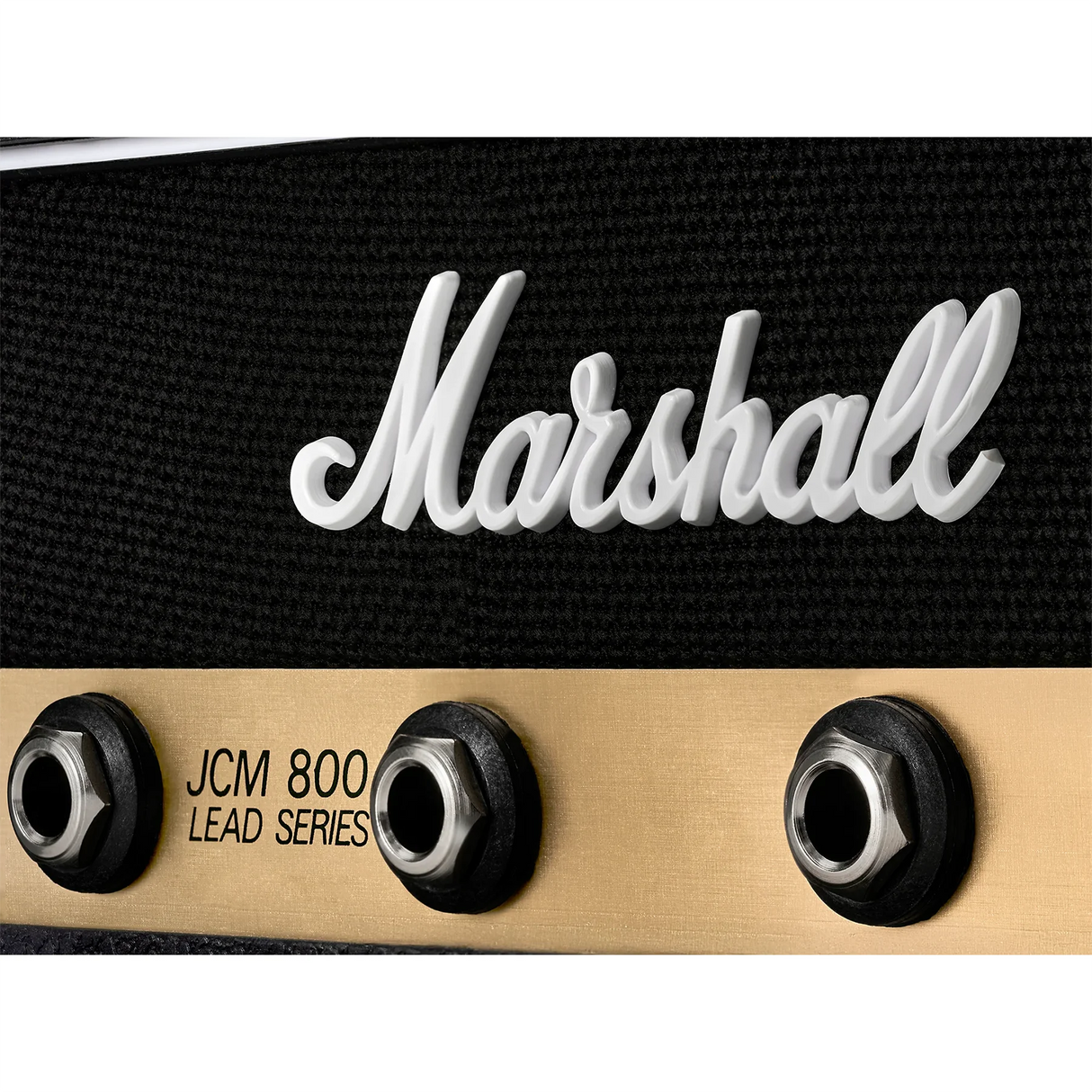 Detailaufnahme des weissen Marshall-Logos und JCM 800 Lead Series Klinkenbuchsen