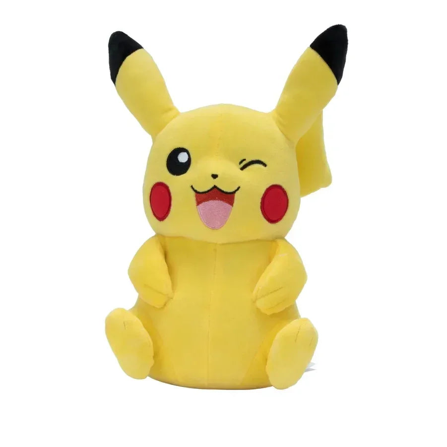 Gelbes Pikachu-Stofftier mit schwarzen Ohrenspitzen, roten Wangen und einem zwinkernden Gesicht