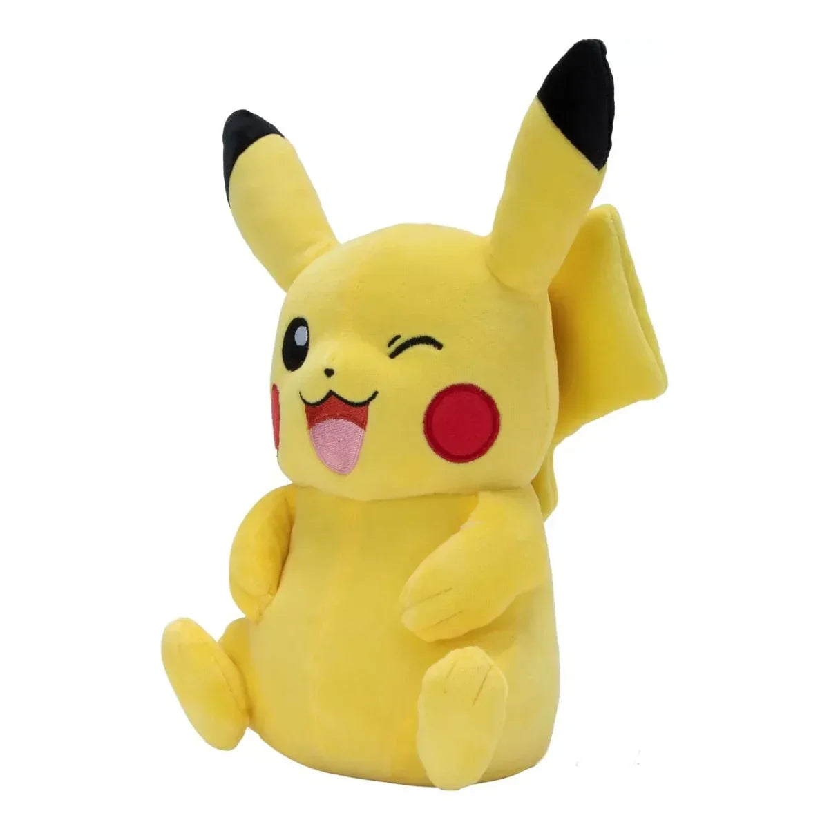 Gelbes Pikachu Plüschtier mit zwinkerndem Auge und herausgestreckter Zunge