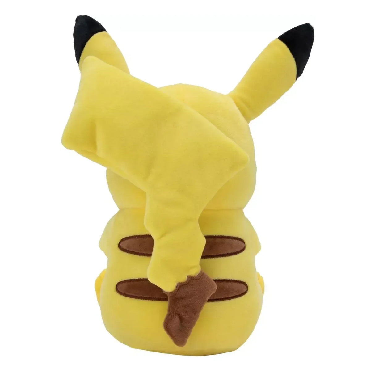 Rückseite eines gelben Pikachu-Stofftiers mit braunen Streifen und schwarzer Schwanzspitze