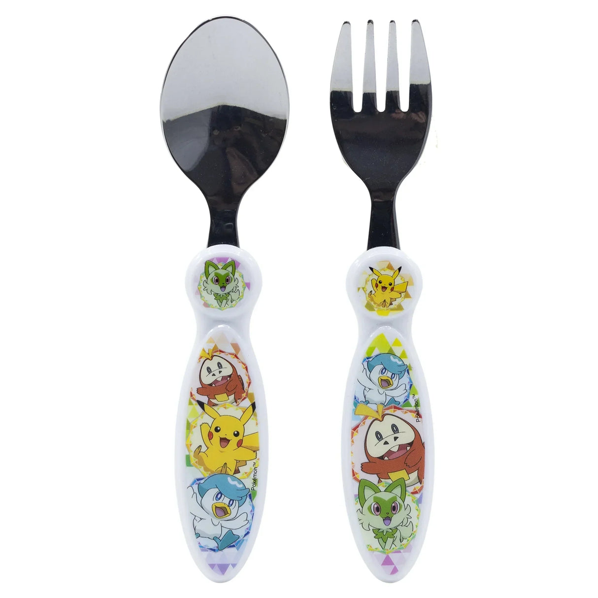 Kinderbesteck Set mit Löffel und Gabel und bunten Pokemon Motiven auf den Griffen