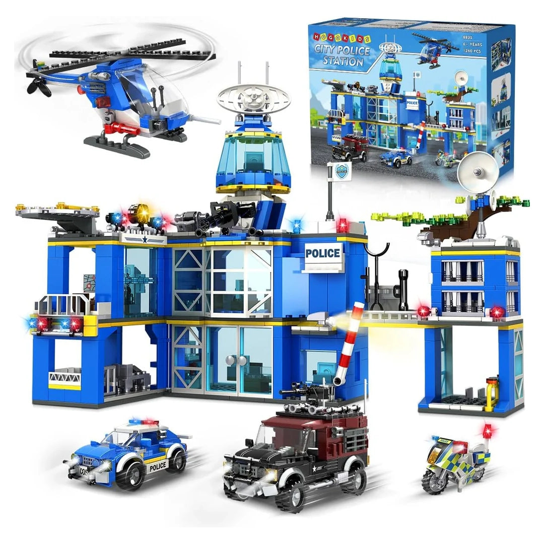 Spielzeug-Polizeistation mit Hubschrauber, Polizeiauto, Geländewagen und Motorrad