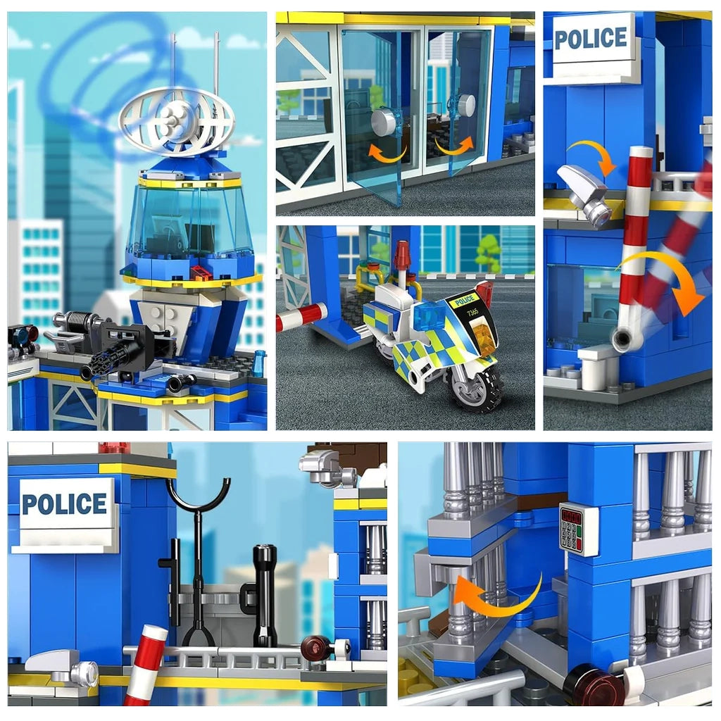 Spielzeug-Polizeistation mit Motorrad und Details wie drehbarem Radar, öffnenden Türen und beweglichen Schranken