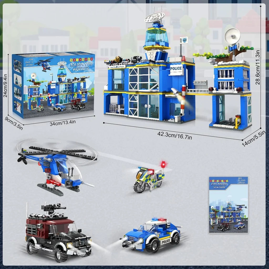 Polizeistation Bausatz mit Hubschrauber, Motorrad, Geländewagen und Polizeiauto