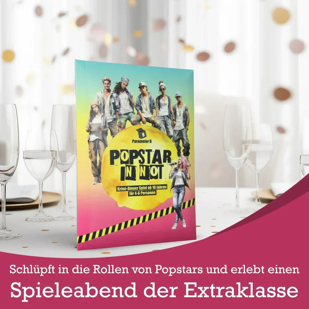 Spielschachtel Popstar in Not auf einem gedeckten Tisch mit Weingläsern